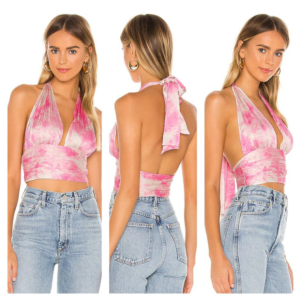 LOVERS + FRIENDS Venice Pink Tie-Dye Halter Top M Satin Fabric Shiny
